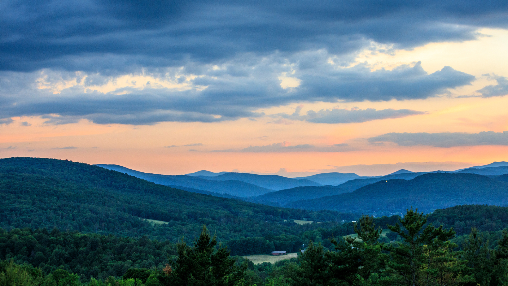Sunset image of mountainous landscape in the Northeast Kingdom of Vermont