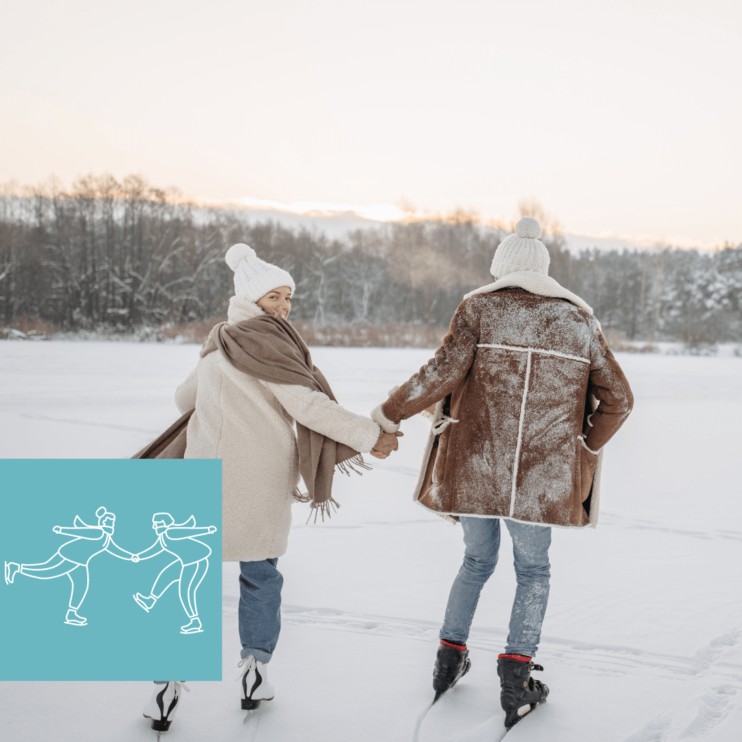 A couple ice skates on a frozen lake in Vermont, a favorite of winter date activities.