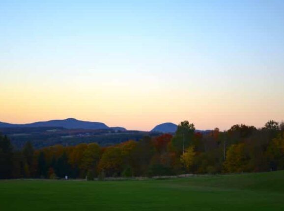 A field with trees and mountains in the background at sunset.