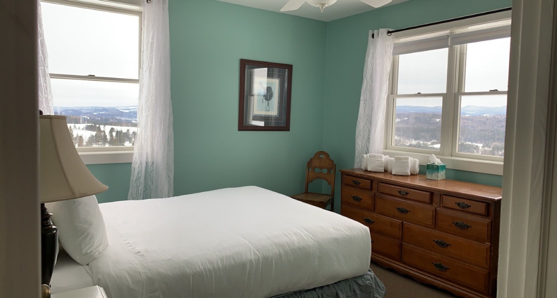 A bedroom with a bed , dresser , lamp and two windows.