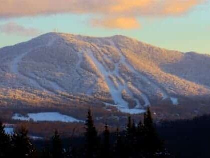 A snowy mountain with trees in the foreground and a ski slope in the background.