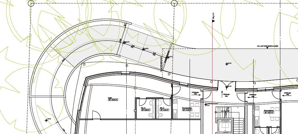 Architektonischer Grundriss mit geschwungener Wandgestaltung und Innenaufteilung.