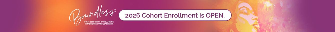 Pink banner with two women, script text, and button that says,