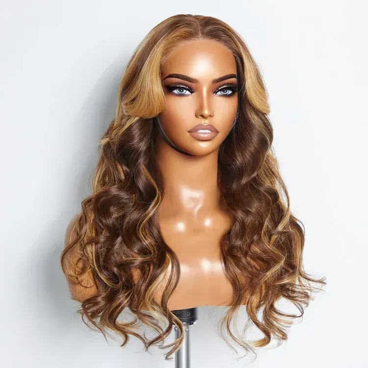Wig on a mannequin head, brown with blonde highlights, wavy.