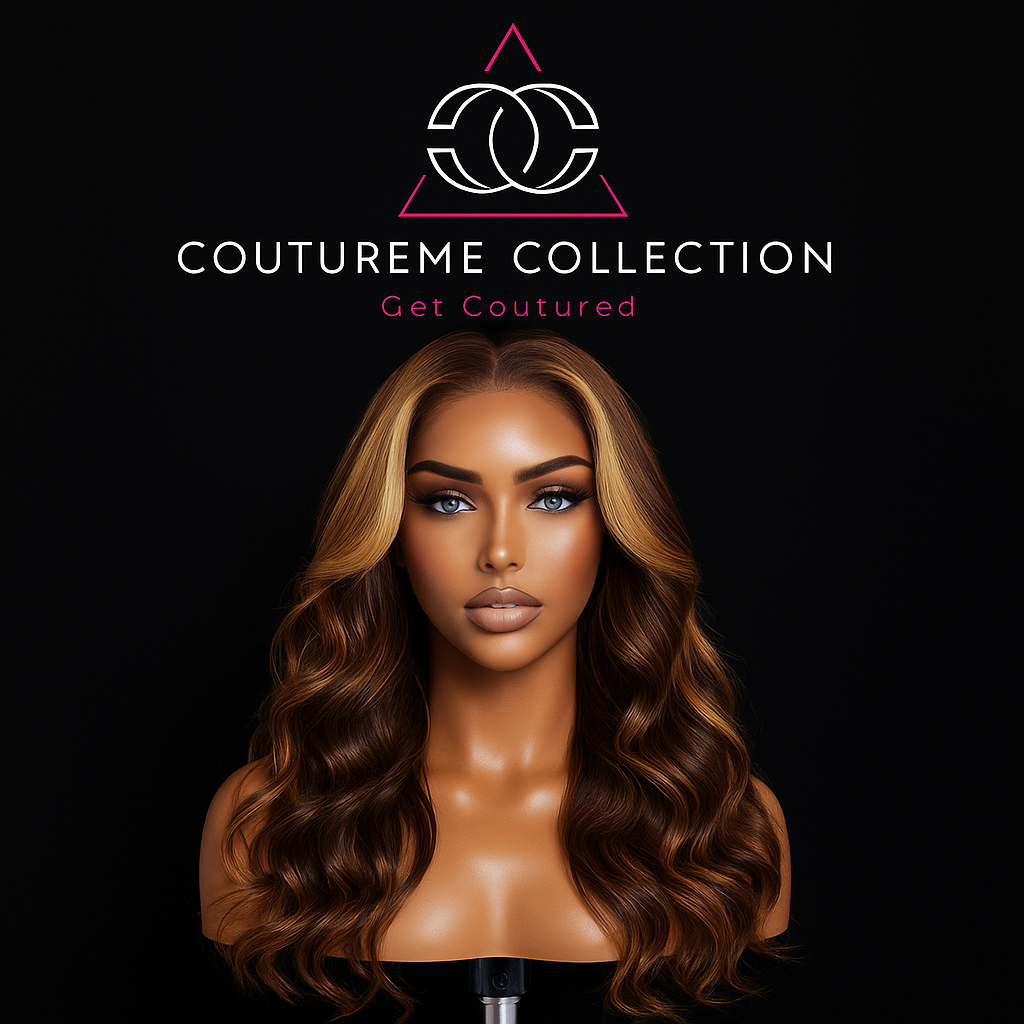 Woman with long wavy hair, wearing a wig, posing for a brand promotion.