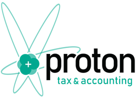 A logo for proton tax and accounting with an atom