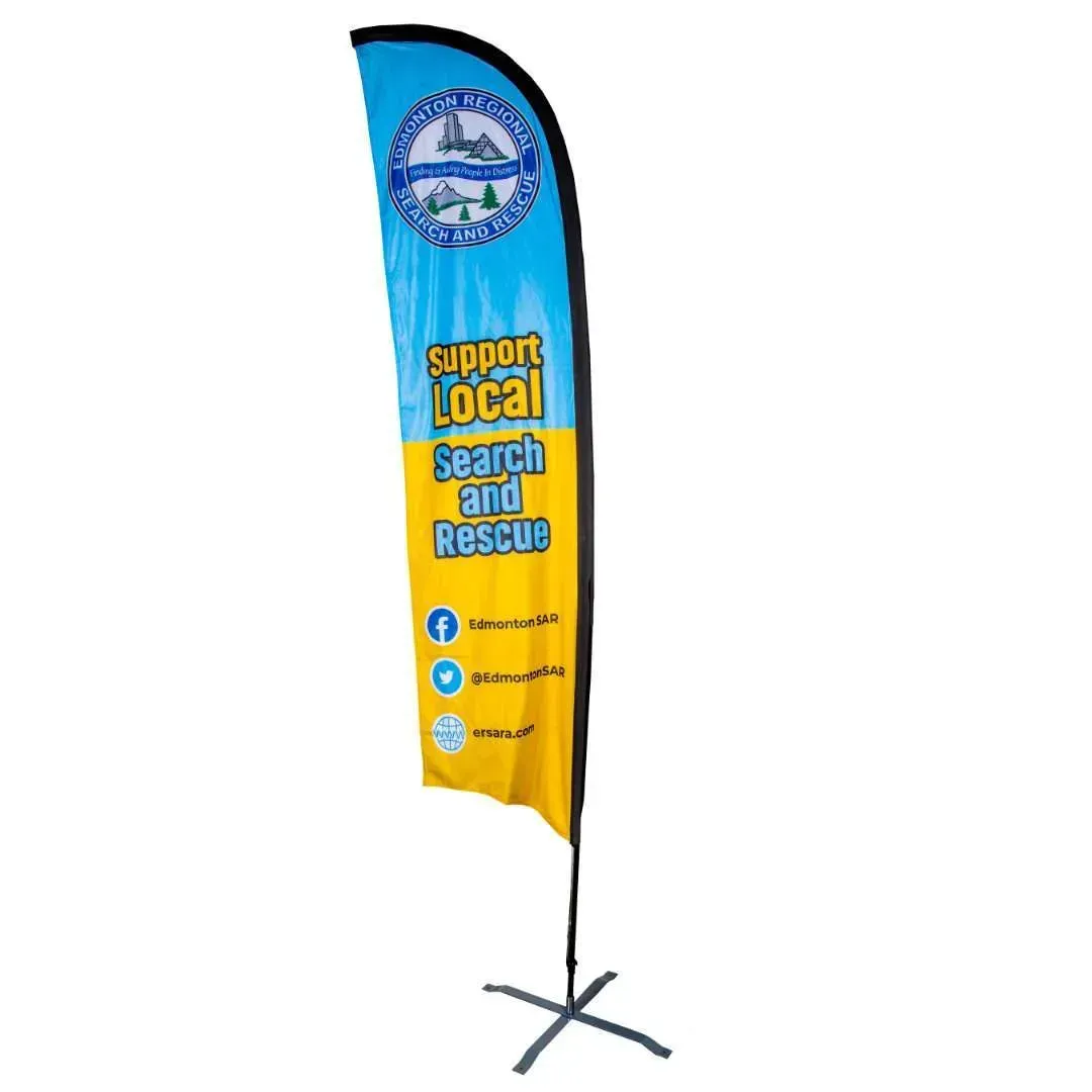 A yellow and blue flag that says support local search and rescue