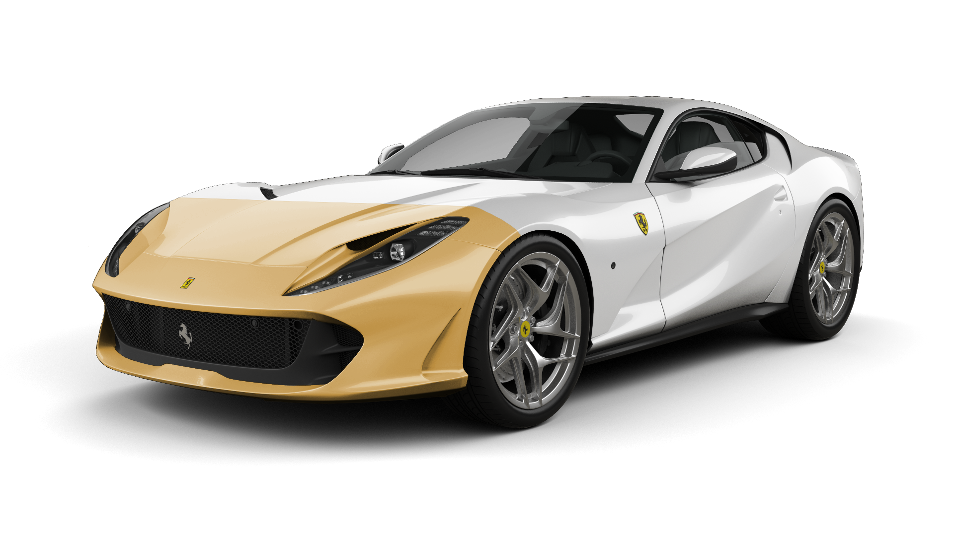 A white and gold ferrari on a white background.