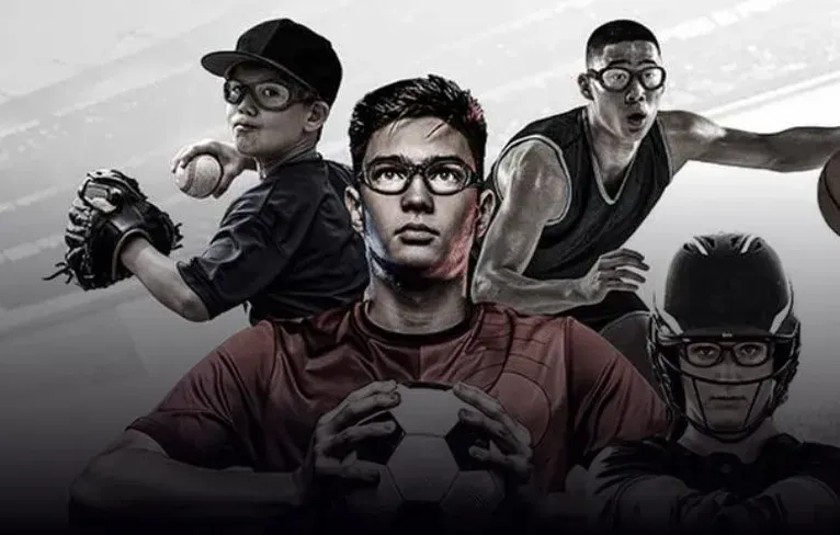 A group of men wearing glasses are playing different sports.