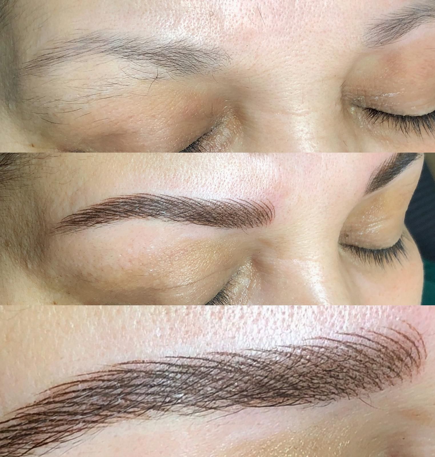 Drie stadia van microblading van de wenkbrauwen: voor, tijdens en na