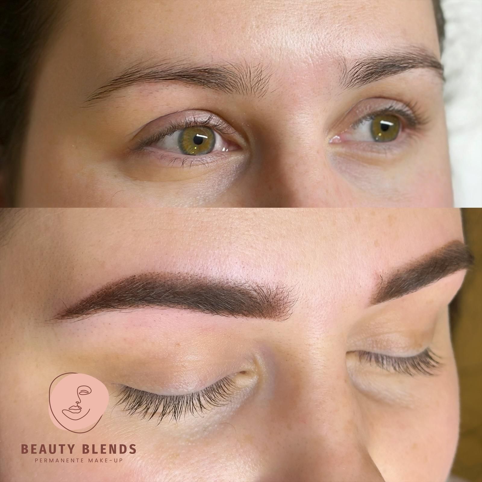 Boven: vrouw met dunne wenkbrauwen, ogen open. Onder: dezelfde vrouw met volle, gedefinieerde wenkbrauwen, ogen gesloten.