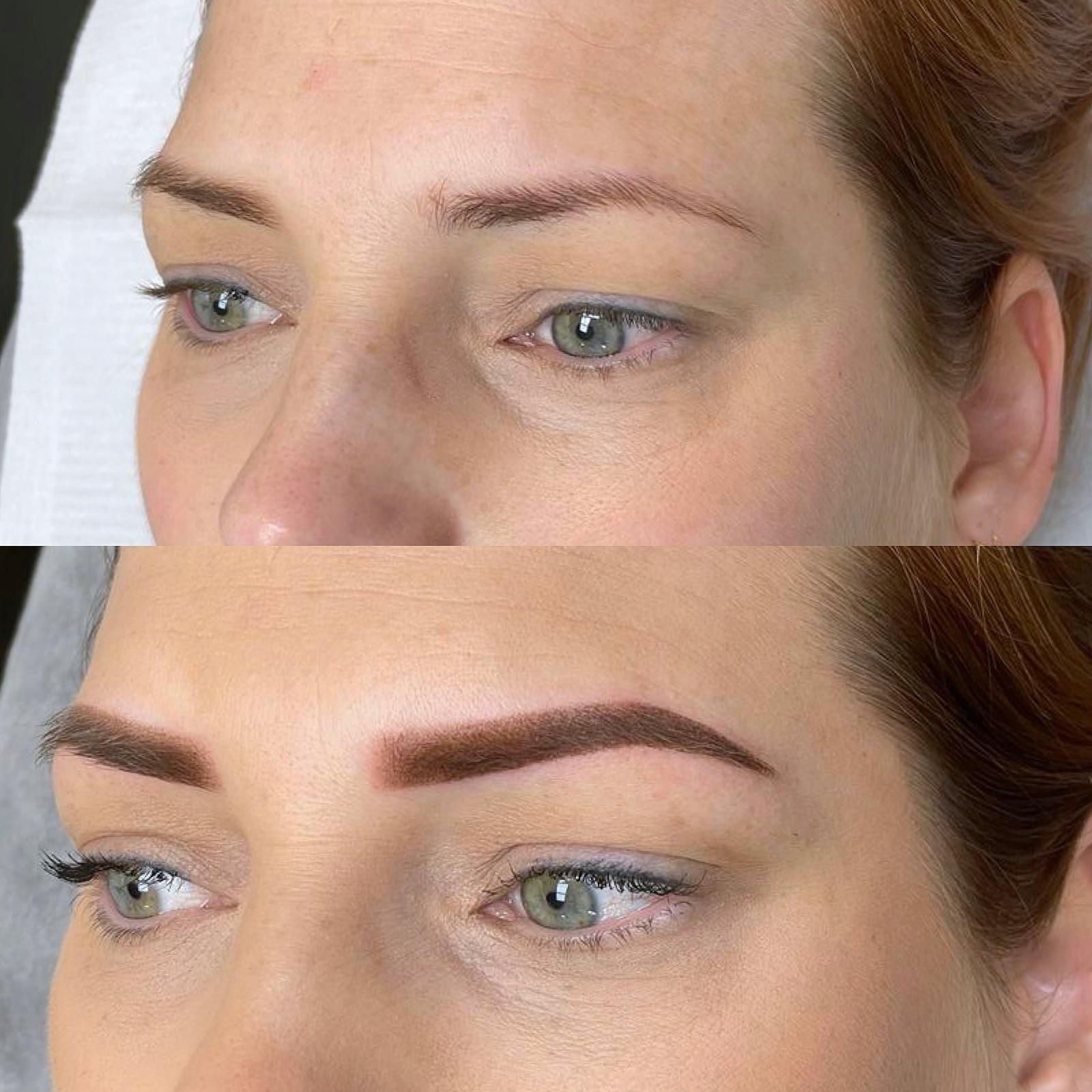 Voor en na vergelijking van wenkbrauwtattoo; boven: dunne wenkbrauwen; onder: gedefinieerde, donkere wenkbrauwen.