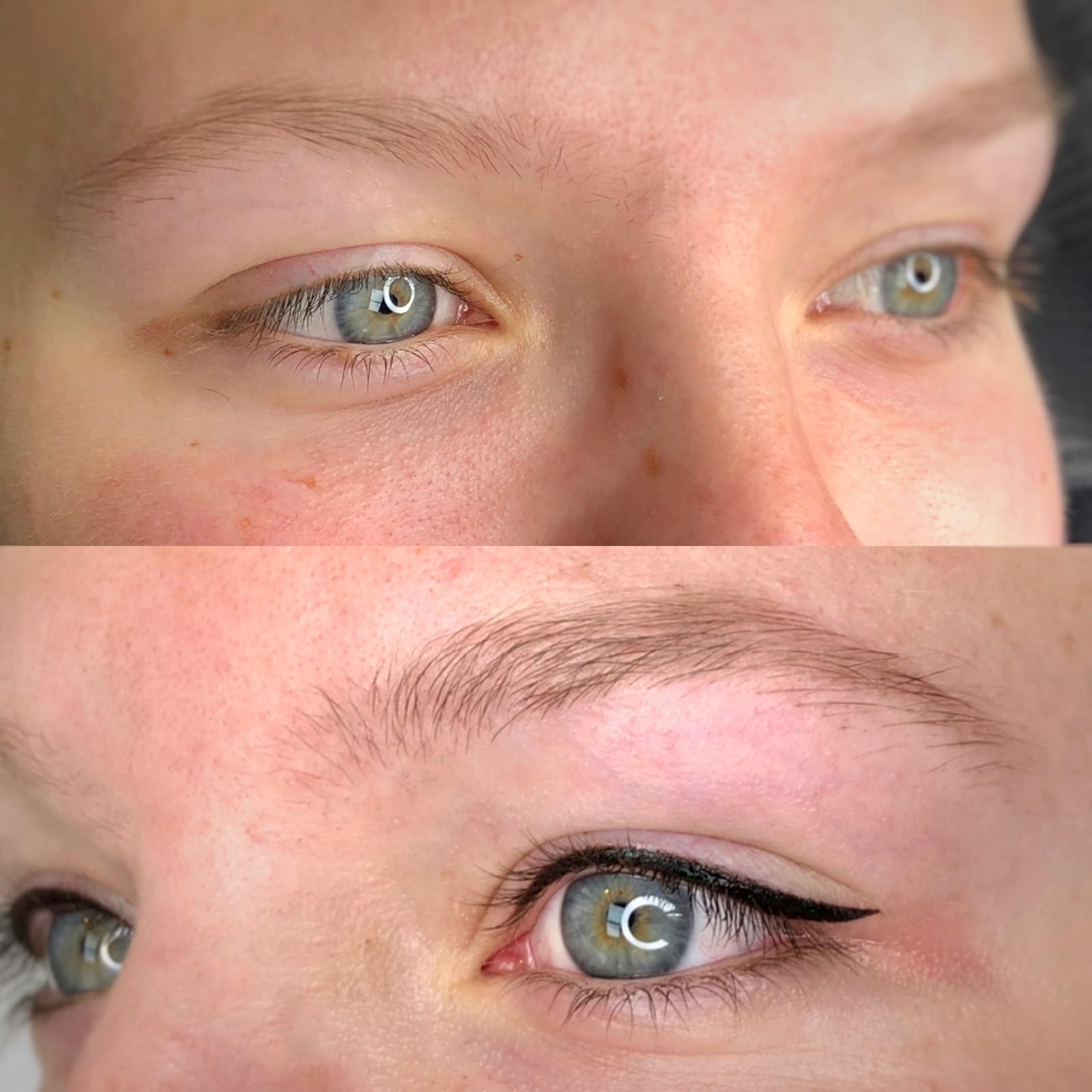 Voor en na foto's van ogen zonder make-up en met winged eyeliner.