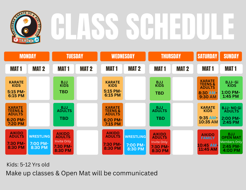 A class schedule for a martial arts school