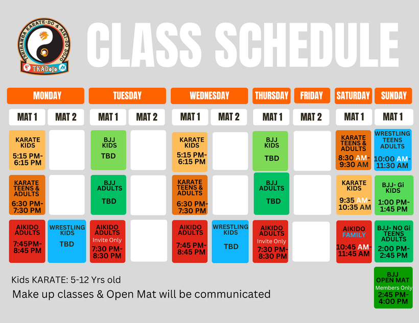 A class schedule for a martial arts school