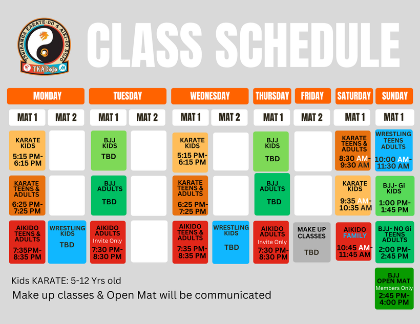 A class schedule for a martial arts school