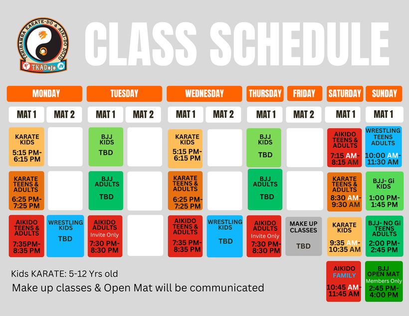 A class schedule for a martial arts school