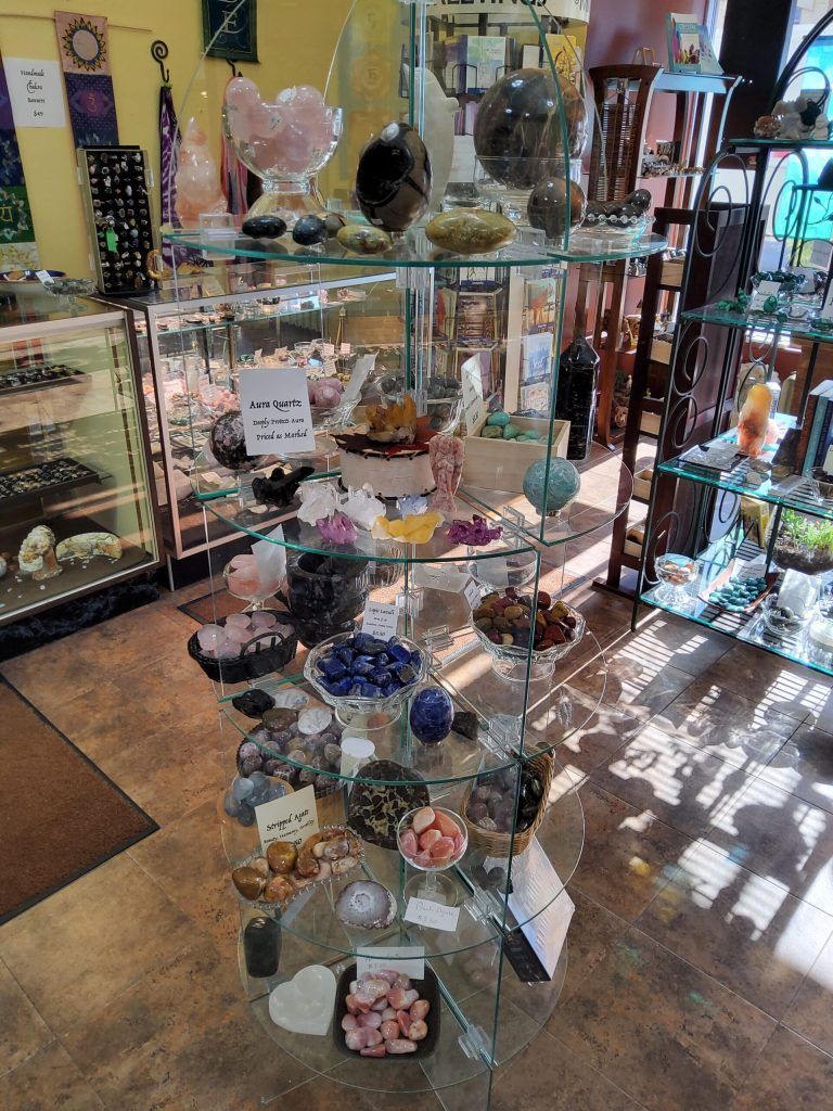 There are many different types of crystals on display in this store.