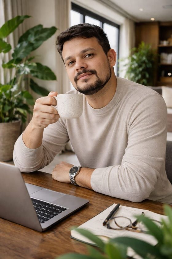 Homem de óculos usando laptop para uma chamada de vídeo. Mulher visível na tela. Eles estão em um escritório em casa.