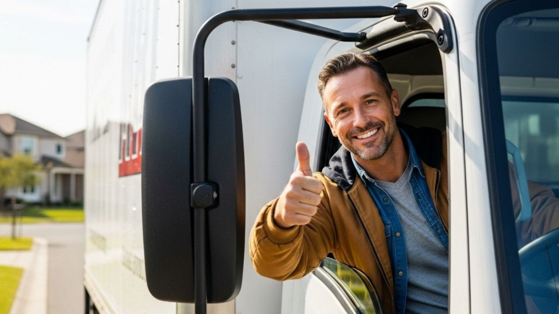 Smiling person in a truck window giving a thumbs-up. White truck, blue shirt, tan jacket. Outdoors with houses in the background.