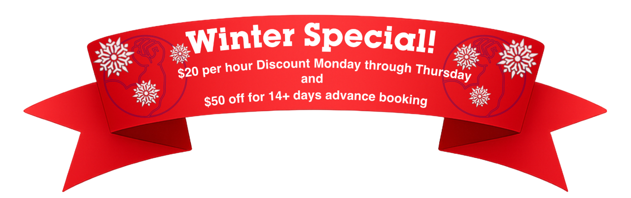 Winter Special Pricing Promotion - $20 per hour discount Monday through Thursday and $50 off for 14+ days advance booking