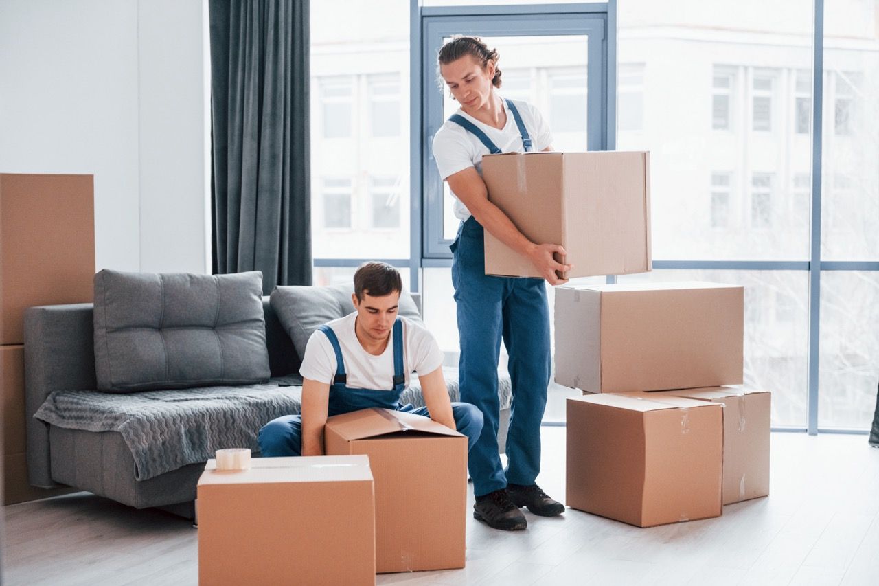 A man and a woman are moving boxes in a living room.