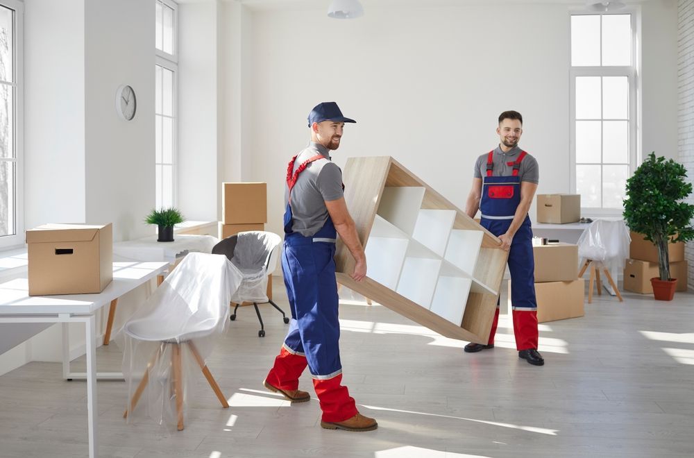 Two men are carrying a shelf in an office.