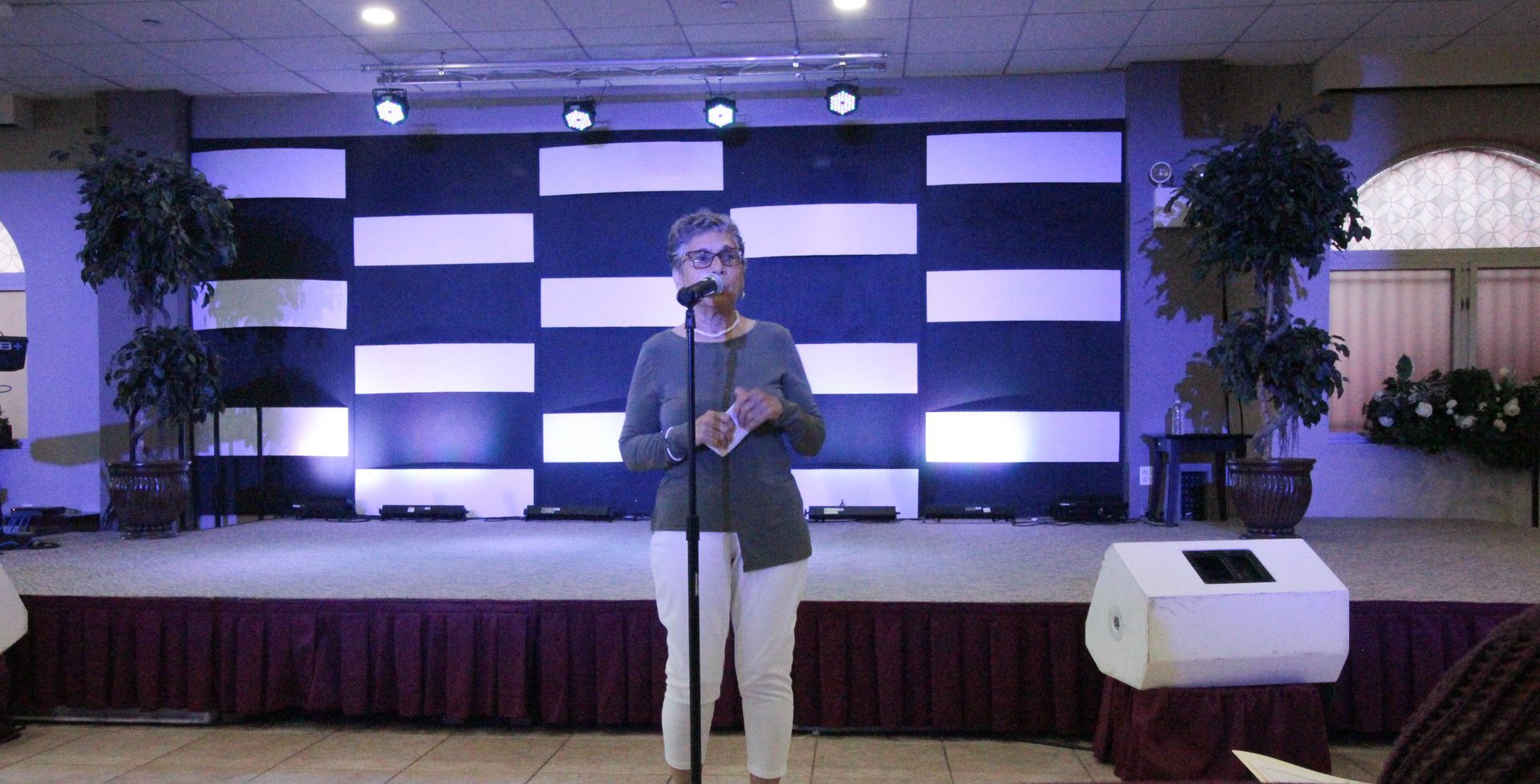 A woman is standing in front of a microphone on a stage.
