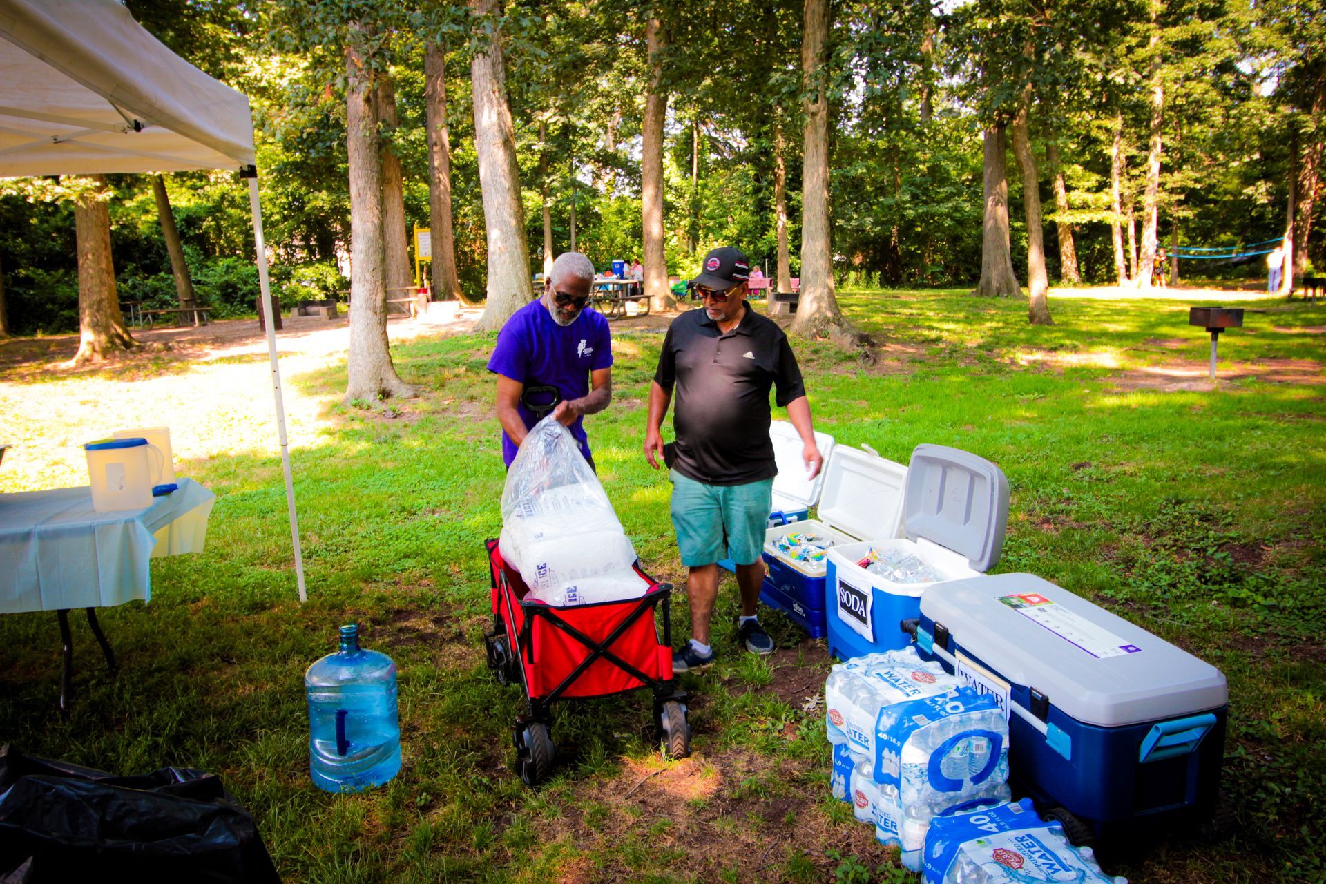 Two men are pushing a wagon full of ice in a park.
