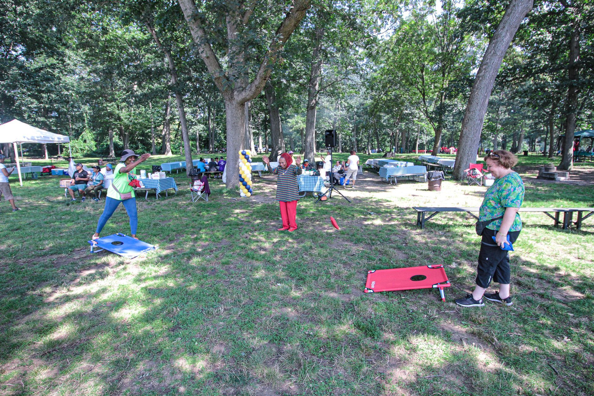 A group of people are playing a game of cornhole in a park.