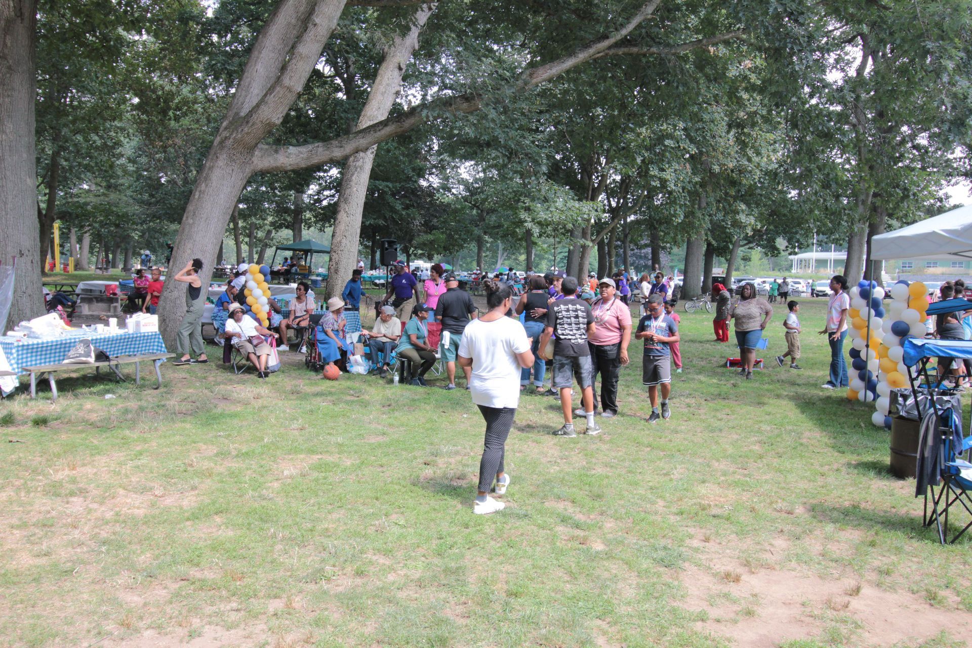 A group of people are gathered in a park.