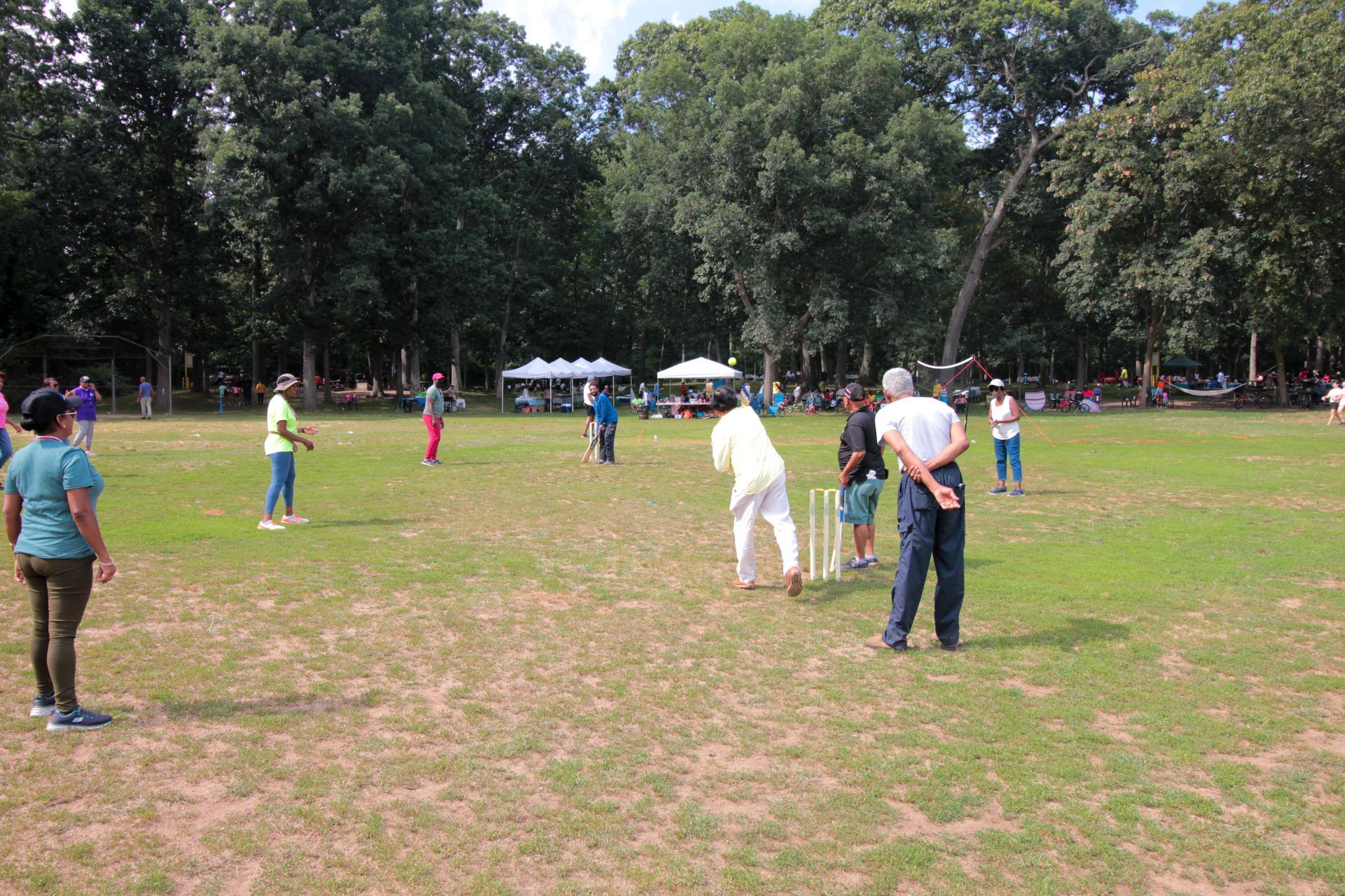 A group of people are playing cricket in a park