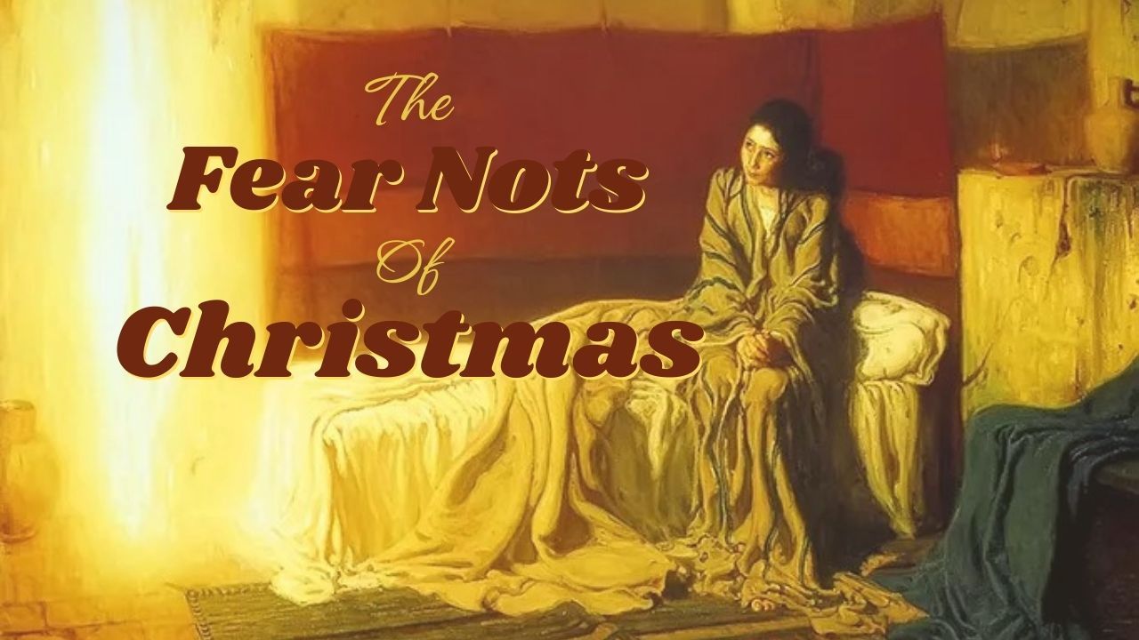A painting of a woman sitting on a bed with the words `` the fear nots of christmas '' written above her.