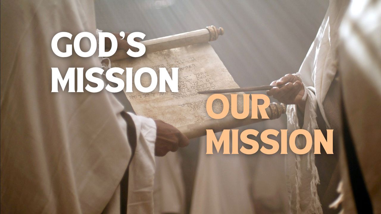 A man is holding a scroll with the words `` god 's mission our mission '' written on it.