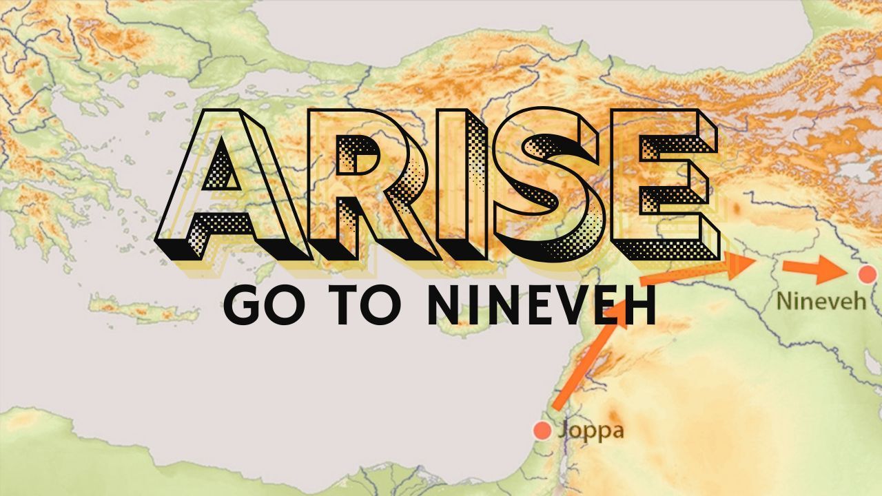 Map showing a path from Joppa to Nineveh, with text 