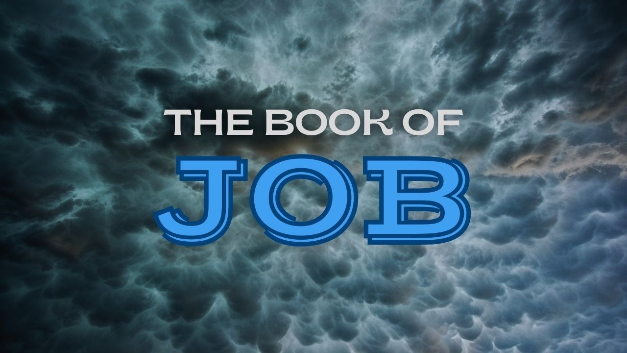 The book of job is written in blue on a cloudy sky