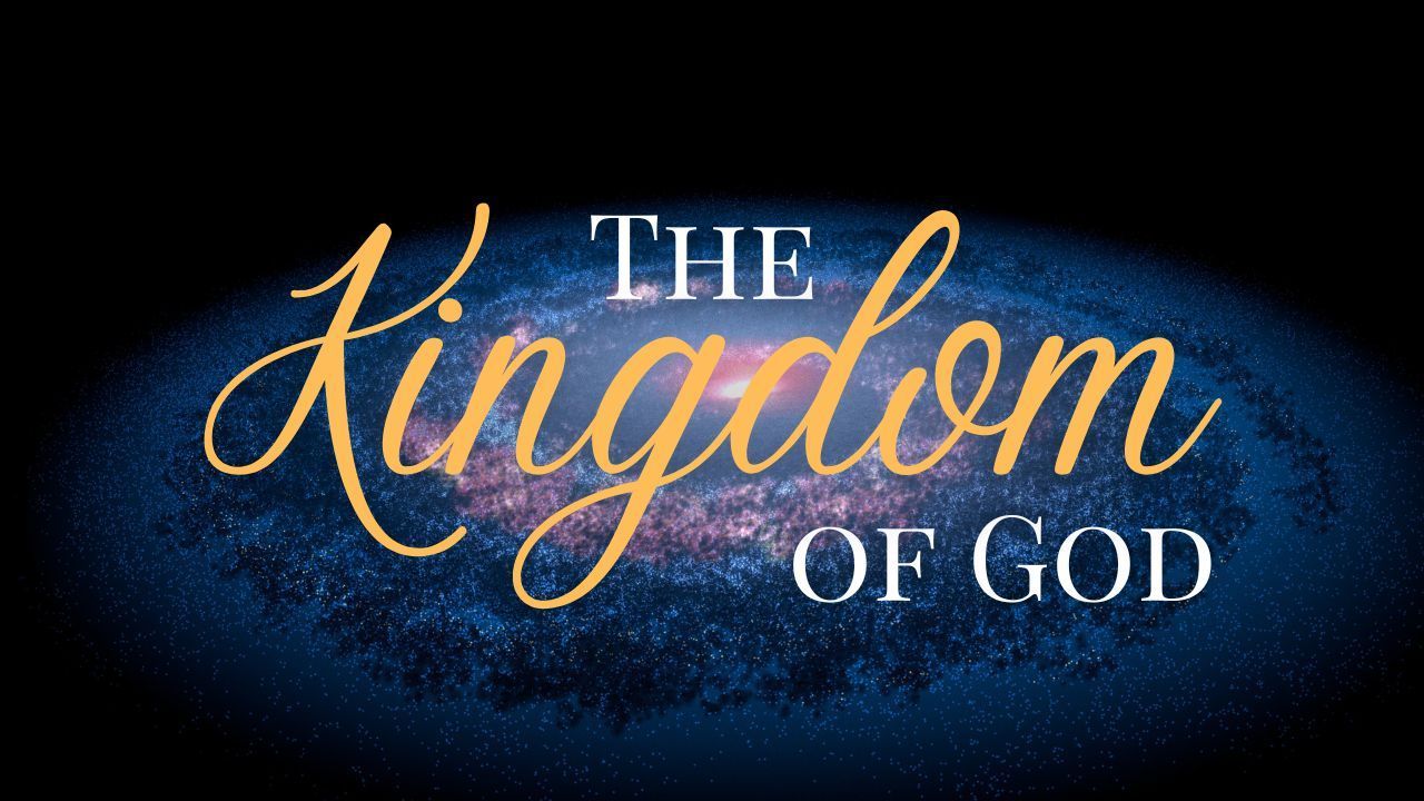 A logo for the kingdom of god with a galaxy in the background