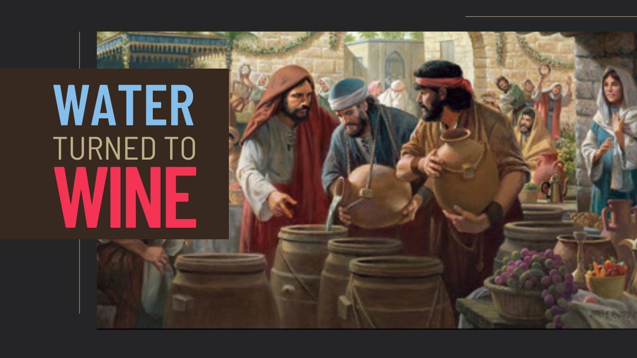 A painting of jesus turning water into wine.