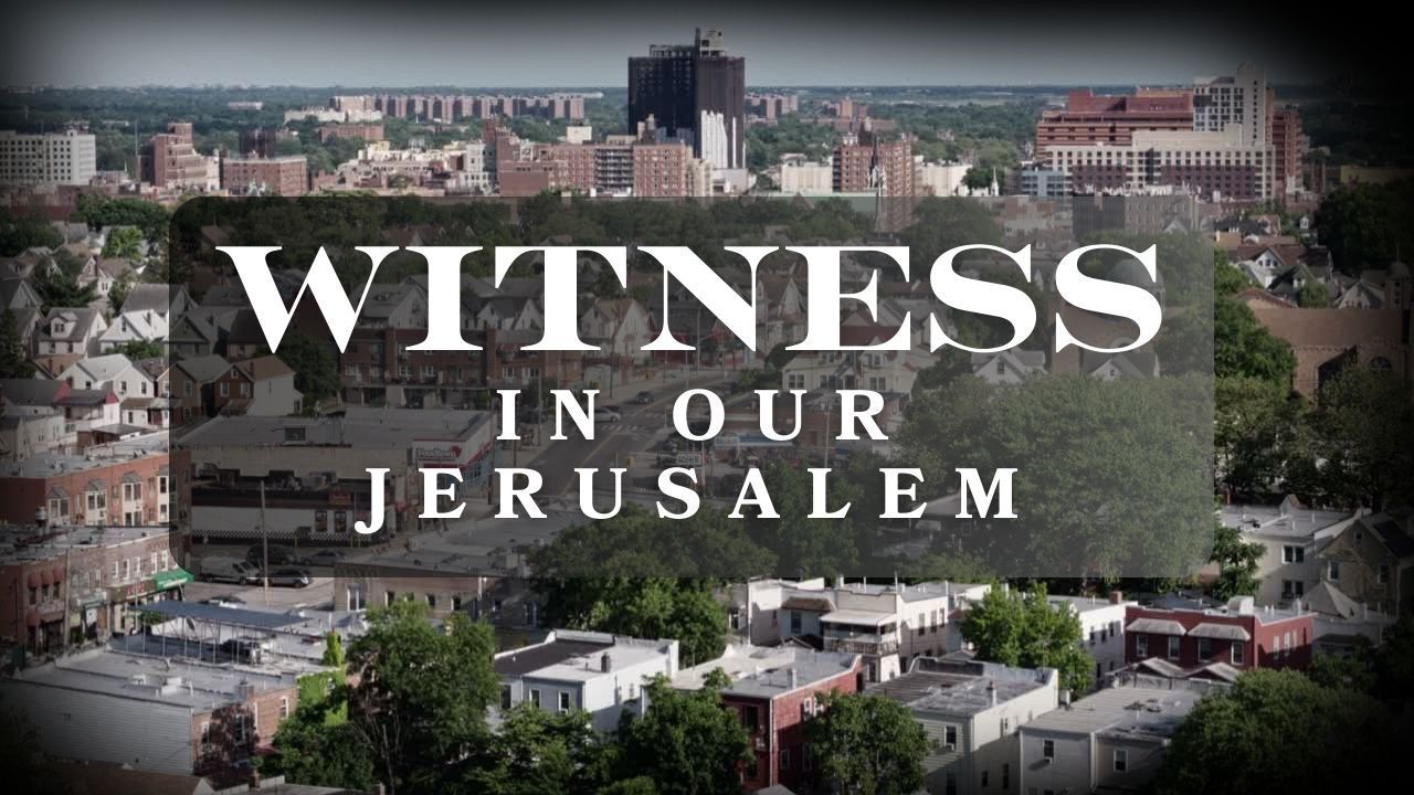 An aerial view of a city with the words witness in our jerusalem