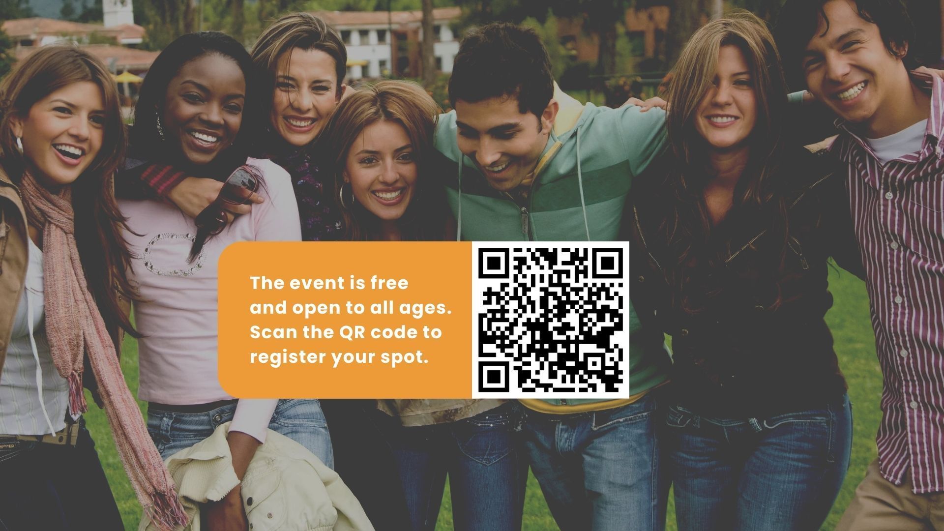 Group of diverse young people smiling, with text overlay and QR code for event registration.