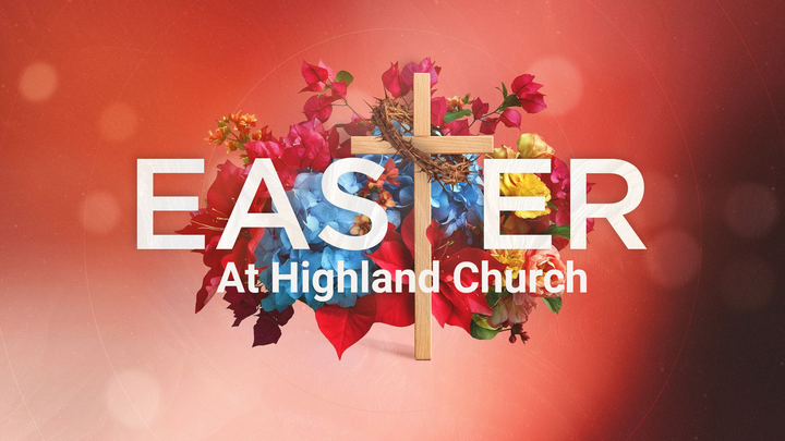 A cross sits amidst a colorful bouquet of flowers against a red background, with text reading: