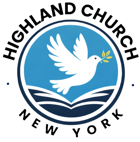 A logo for highland church new york with a dove and a book.