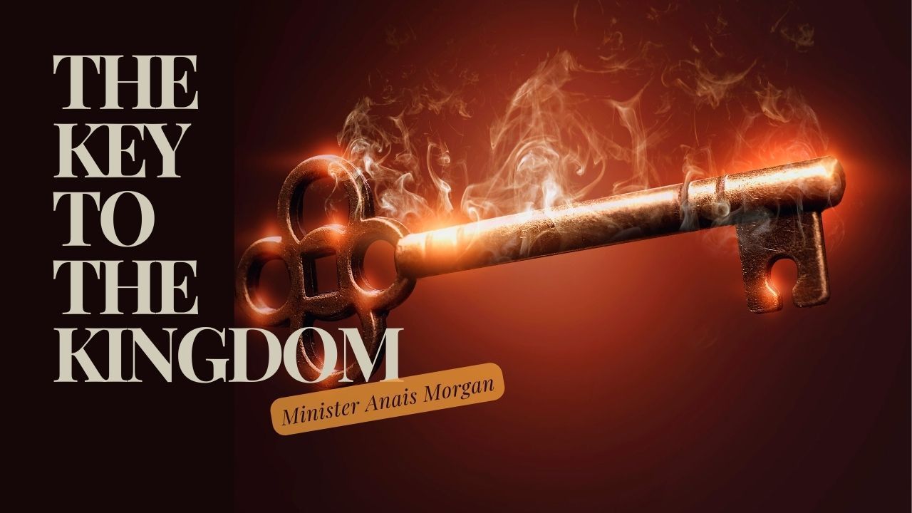 A key with flames coming out of it and the words `` the key to the kingdom ''.