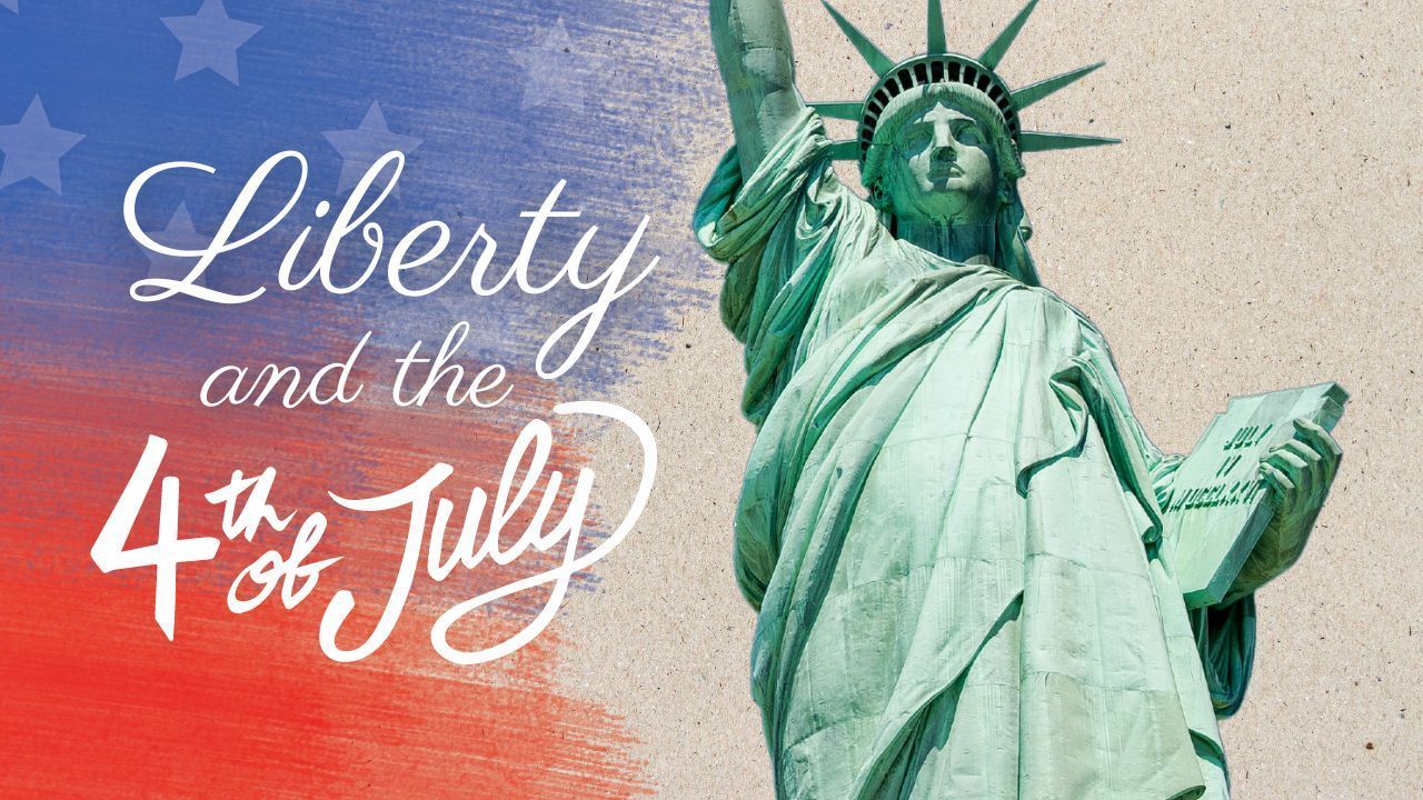 The statue of liberty is on a red , white and blue background with the words `` liberty and the 4th of july ''.