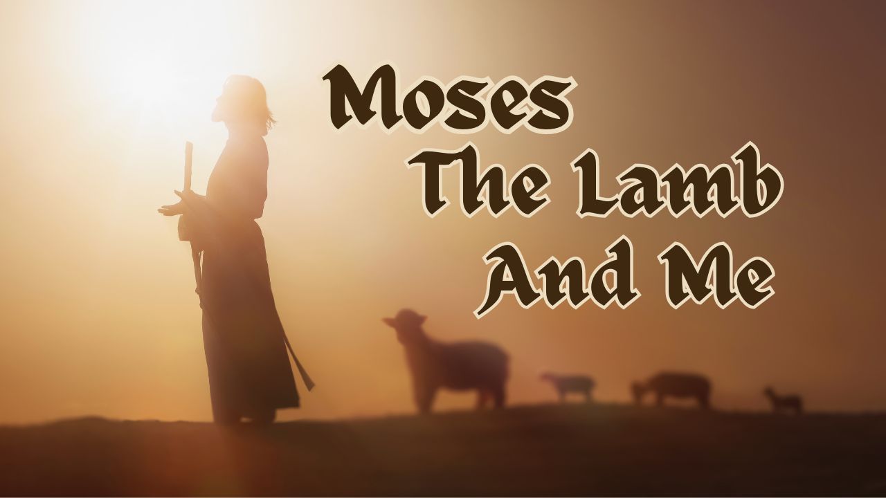 A shepherd is standing in front of a herd of sheep with the words moses the lamb and me above him.