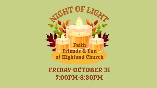 Night of Light event poster: candles, leaves, text 