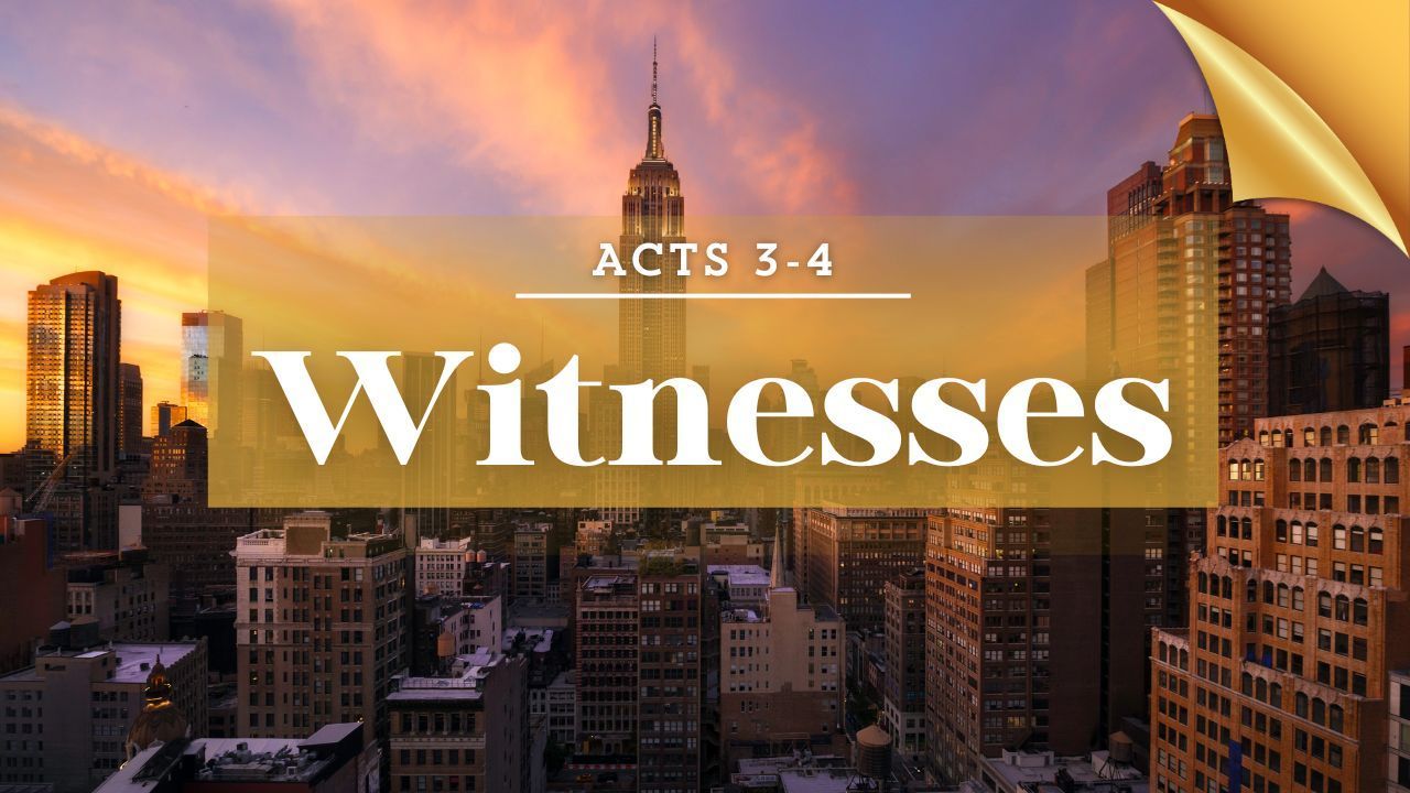 A poster for acts 3 and 4 witnesses with a city skyline in the background