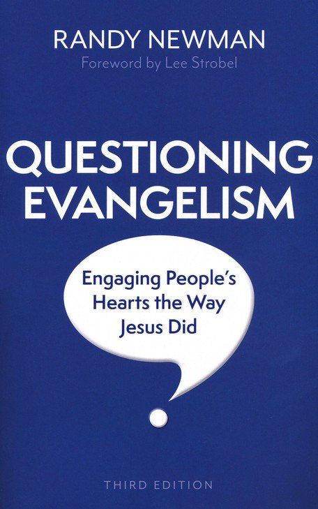 Book cover for Questioning Evangelism by Randy Newman, featuring a white speech bubble with a question mark on blue.