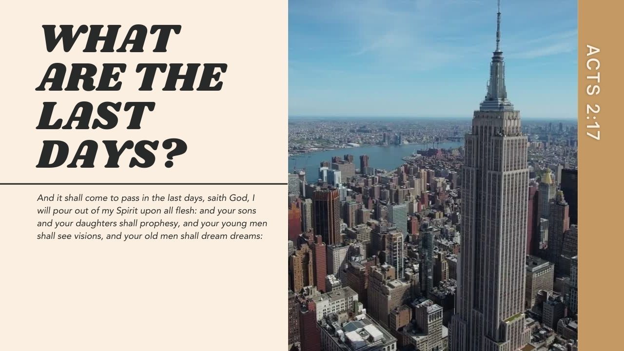 A poster that says `` what are the last days ? '' with an aerial view of a city.