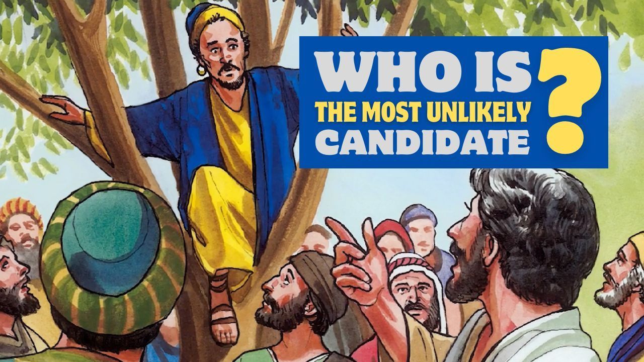 A cartoon of a man standing in a tree with a sign that says who is the most unlikely candidate